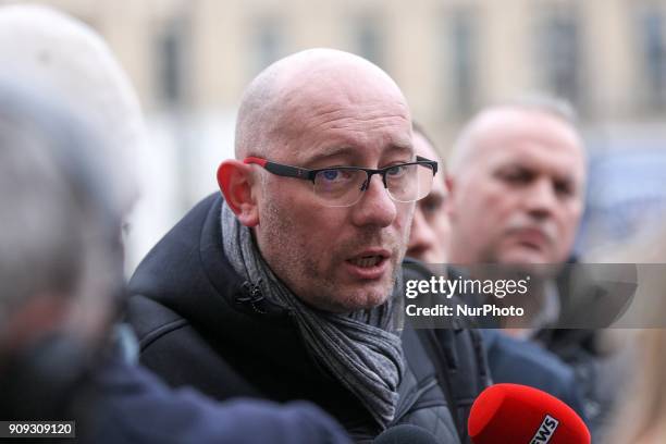 General Secretary of the Force Ouvriere penitentiary union, Emmanuel Baudin addresses the media as he arrives for a meeting with the French Justice...