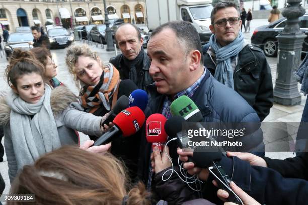 General Secretary of the Ufap-Unsa penitentiary union, Jean-Francois Forget addresses the media as he arrives for a meeting with the French Justice...