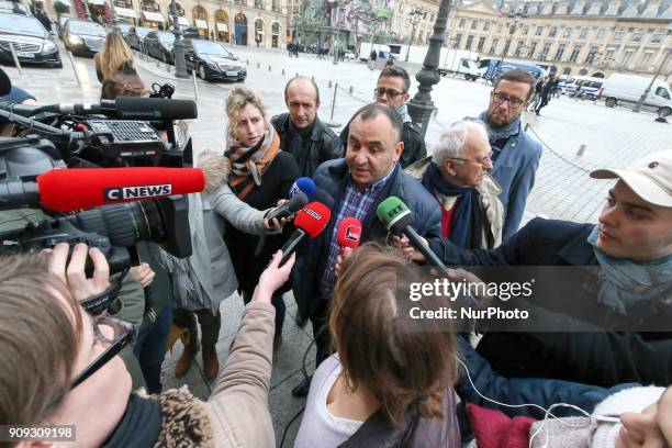 General Secretary of the Ufap-Unsa penitentiary union, Jean-Francois Forget addresses the media as he arrives for a meeting with the French Justice...