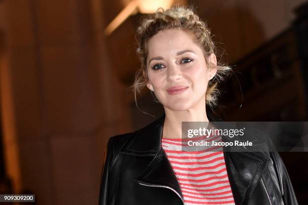 Marion Cotillard is seen arriving at Armani Prive Fashion show during Paris Fashion Week : Haute Couture Spring/Summer 2018 on January 23, 2018 in...