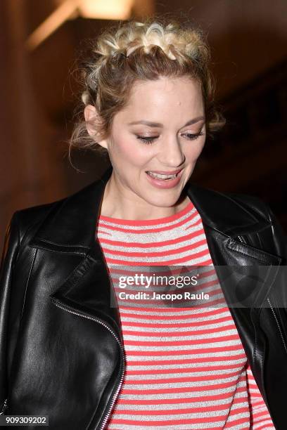 Marion Cotillard is seen arriving at Armani Prive Fashion show during Paris Fashion Week : Haute Couture Spring/Summer 2018 on January 23, 2018 in...