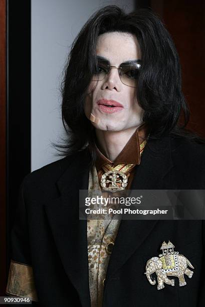 Pop star Michael Jackson exits the courtroom for a break in day 20 of his child molestation trial at the Santa Barbara County Courthouse in Santa...