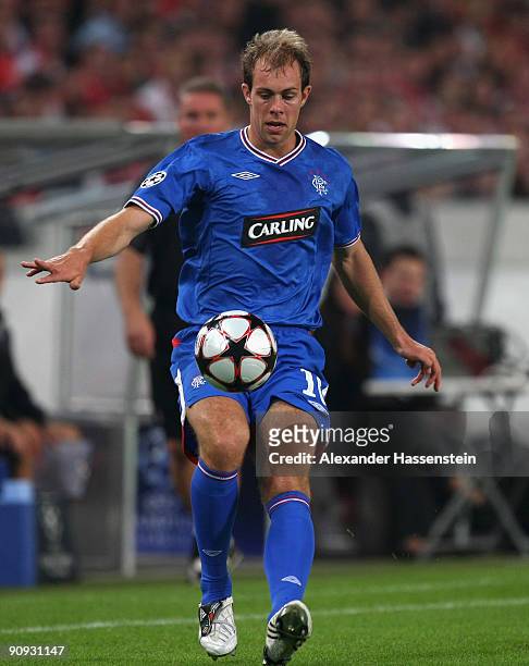 Steven Whittaker of Glasgow runs with the ball during the UEFA Champions League Group G match between VfB Stuttgart and Rangers FC on September 16,...