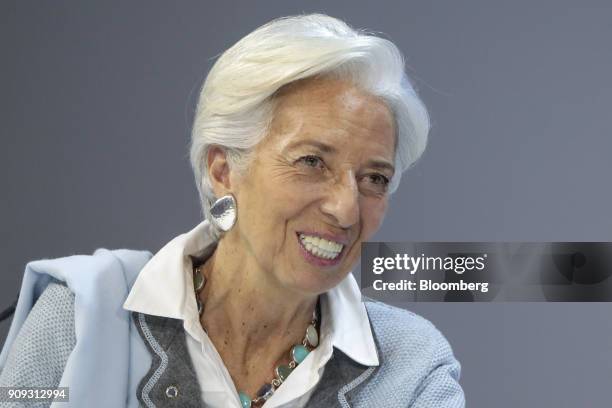 Christine Lagarde, managing director of the International Monetary Fund and annual meeting co-chair, reacts during a Bloomberg Television interview...