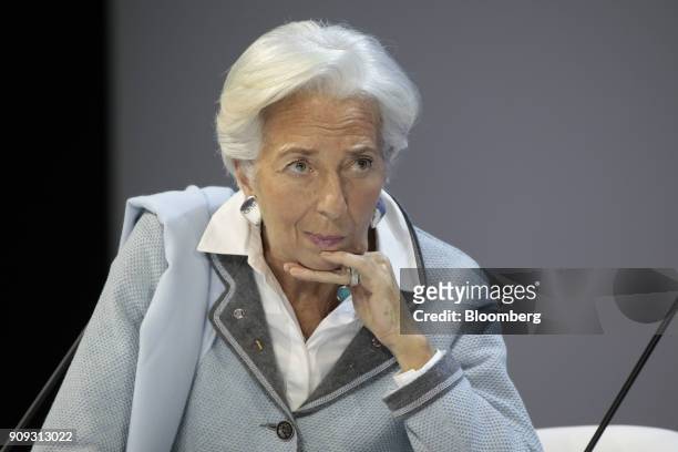 Christine Lagarde, managing director of the International Monetary Fund and annual meeting co-chair, pauses during a Bloomberg Television interview...