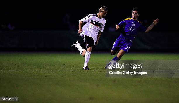 Sonny Kittel of Germany and Nikos Englezou of Cyprus battle for the ball during the U17 friendly international match between Germany and Cyprus at...