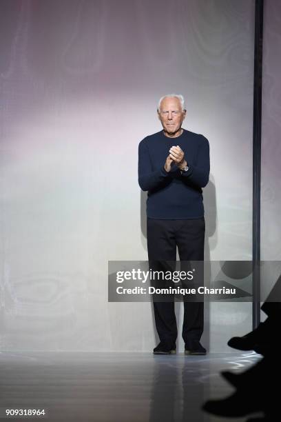 Giorgio Armani arrives on the runway at the end of the Giorgio Armani Prive Haute Couture Spring Summer 2018 show as part of Paris Fashion Week on...