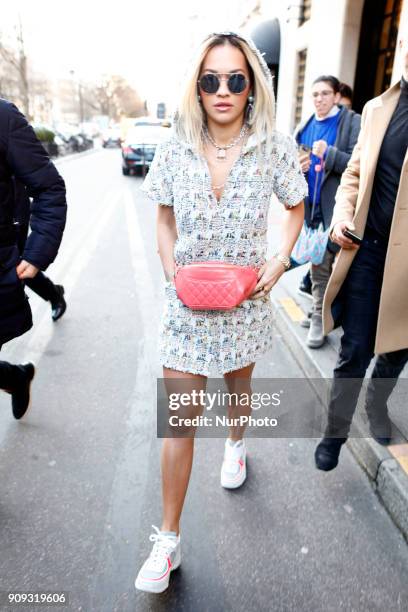 Rita Ora seen leaving her hotel in Paris, France, on January 23, 2018. She attends the Chanel Haute Couture Spring Summer 2018 show as part of Paris...