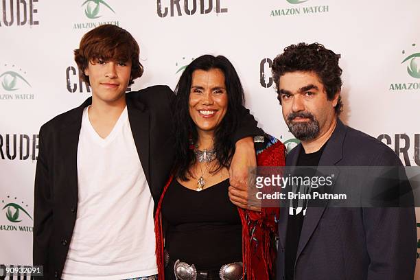 Actor Montana Rain, activist Joannelle Romero and director Joe Berlinger arrives for the screening of the film 'CRUDE' at Harmony Gold Theatre on...