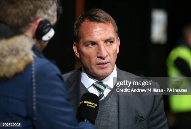 Celtic manager Brendan Rodgers does a radio interview of the BBC prior to the Ladbrokes Premiership match at Firhill Stadium, Glasgow.