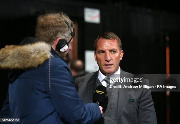 Celtic manager Brendan Rodgers does a radio interview of the BBC prior to the Ladbrokes Premiership match at Firhill Stadium, Glasgow.