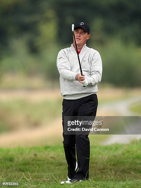 Jon Bevan of England and the Great Britain and Ireland Team at the 9th hole in the morning foursome matches at The Carrick on Loch Lomond on...
