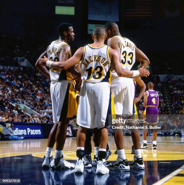 The Indiana Pacers huddle during a game played on March 2, 1997 at Market Square Garden in Indianapolis, Indiana. NOTE TO USER: User expressly...