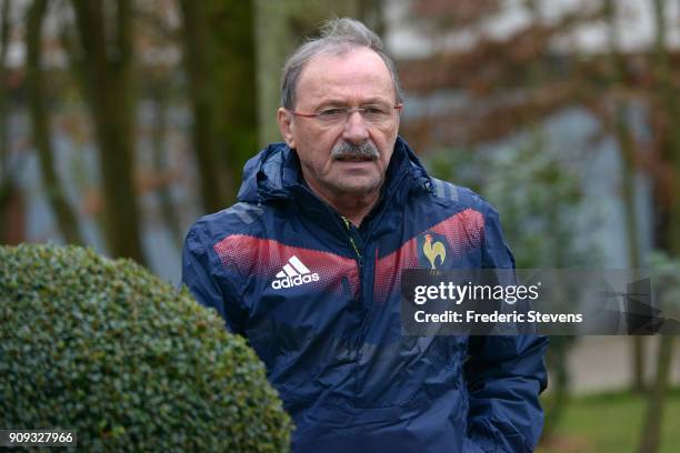 France's new head coach Jacques Brunel arrives for a training session at National center of French Rugby on January 23, 2018 in Marcoussis, France....