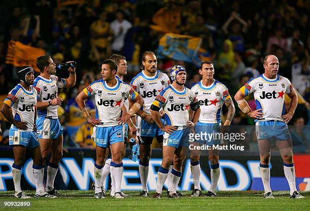 Titans players look dejected after an Eels try during the first NRL semi final match between the Parramatta Eels and the Gold Coast Titans at the...