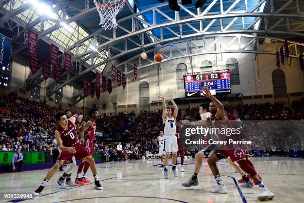 Max Rothschild of the Pennsylvania Quakers shoots a free throw during the second half at The Palestra on January 20, 2018 in Philadelphia,...