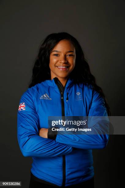 Mica Moore poses at The Team GB Kitting Out Ahead Of Pyeongchang 2018 Winter Olympic Games on January 23, 2018 in Stockport, England.