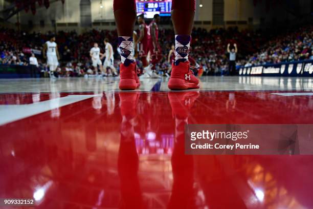 The shoes of Josh Brown of the Temple Owls are shown during the second half at The Palestra on January 20, 2018 in Philadelphia, Pennsylvania. Temple...