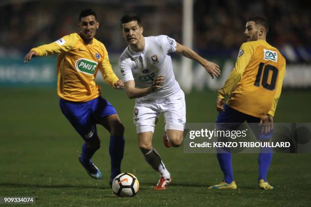 Caen's Stef Peeters runs with the ball during the French cup football match between Canet-en-Roussillon vs Caen at The Municipal Stadium in...