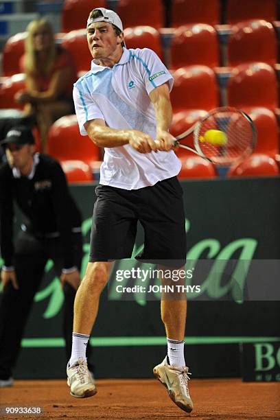 Ukrainian Illya Marchenko plays his Davis Cup match against Belgian Christophe Rochus, in Charleroi, on September 18, 2009. Belgium and Ukraine play...