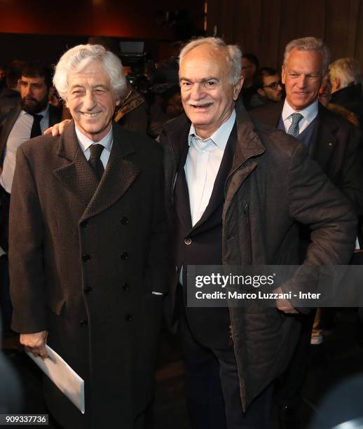 Gianni Rivera and Sandro Mazzola visit The Holocaust Memorial at Stazione Centrale on January 23, 2018 in Milan, Italy.