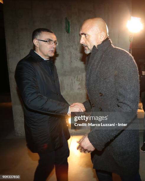 Internazionale coach Luciano Spalletti shakes hands with Giuseppe Bergomi during Visit The Holocaust Memorial at Stazione Centrale on January 23,...