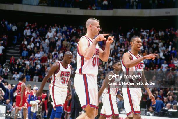 Eric Montross of the New Jersey Nets points during a game played on March 14, 1997 at Continental Airlines Arena in East Rutherford, New Jersey. NOTE...