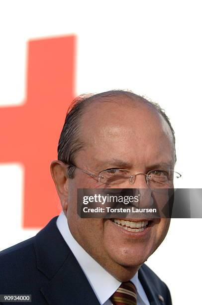 President of the International Federation of Red Cross and Red Crescent Societies Juan Manuel Suarez del Toro poses for a photograph as Queen Sofia...
