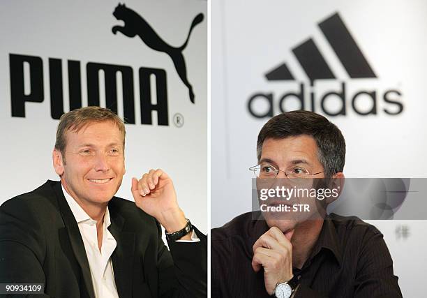 Combo shows the CEO of German sportswear company Puma Jochen Seitz on February 28, 2008 in Paris and Adidas CEO Herbert Hainer talking to the media...