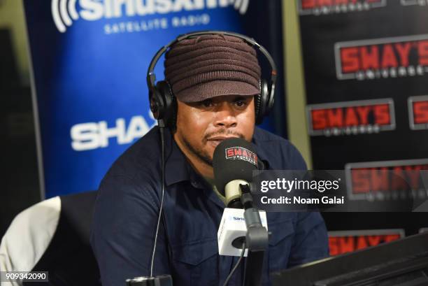 Sway Calloway is seen at 'Sway in the Morning' on Eminem's Shade 45 at the SiriusXM Studios on January 23, 2018 in New York City.