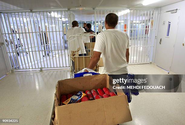 Members of a French Islamic relief organisation "Secours islamique" arrive to give packages to prisoners during Ramadan on September 17, 2009 at the...