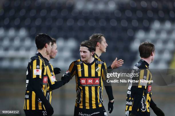 Erik Friberg of BK Hacken celebrates during the pre-season friendly match between BK Hacken and Utsiktens BK at Bravida Arena on January 23, 2018 in...