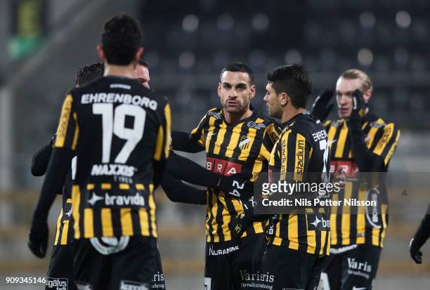 Mervan Celik of BK Hacken celebrates after scoring to 2-0 during the pre-season friendly match between BK Hacken and Utsiktens BK at Bravida Arena on...