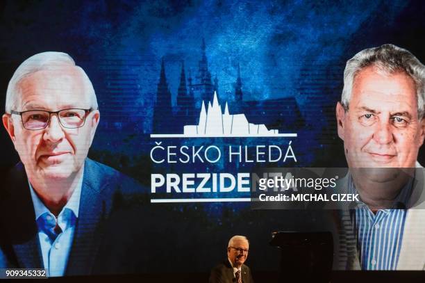 Former head of the Czech Academy of Sciences and candidate for the presidential election Jiri Drahos is seen during his presidential debate with...