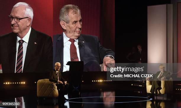 Former head of the Czech Academy of Sciences and candidate for the presidential election Jiri Drahos is seen during his presidential debate with...