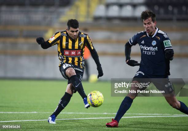 Paulinho of BK Hacken and Simon Andersson of Utsiktens BK competes for the ball during the pre-season friendly match between BK Hacken and Utsiktens...
