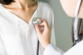 Doctor is using a stethoscope for patients patient examination. To hear the heart rate, For patients with heart disease.