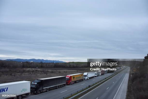 Queue of trucks that reached 17 km was formed at the Bulgarian border crossing point of Kapitan Andreevo near Svilengrad, Bulgaria. The drivers...