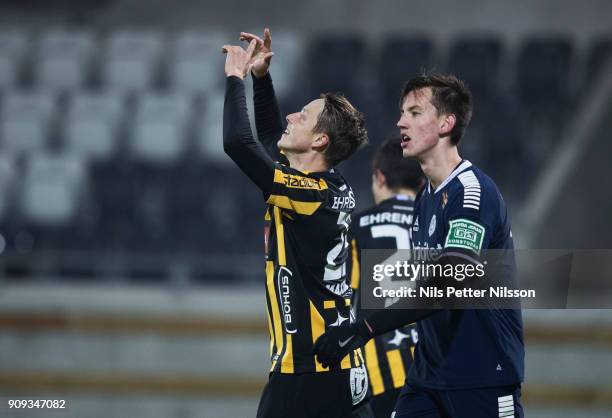 Viktor Lundberg of BK Hacken reacts during the pre-season friendly match between BK Hacken and Utsiktens BK at Bravida Arena on January 23, 2018 in...