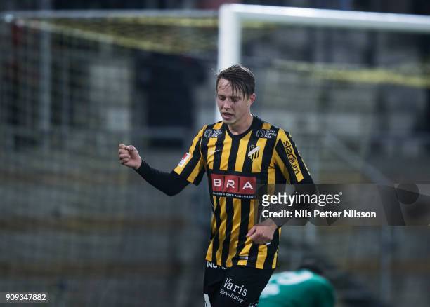 Viktor Lundberg of BK Hacken celebrates after scoring to 4-0 during the pre-season friendly match between BK Hacken and Utsiktens BK at Bravida Arena...