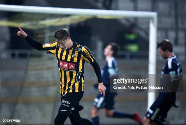 Viktor Lundberg of BK Hacken celebrates after scoring to 4-0 during the pre-season friendly match between BK Hacken and Utsiktens BK at Bravida Arena...