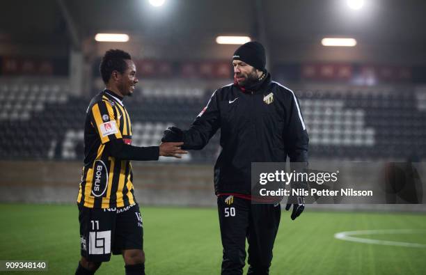 Nasiru Mohammed of BK Hacken and Andreas Alm, head coach of BK Hacken celebrates after the victory during the pre-season friendly match between BK...