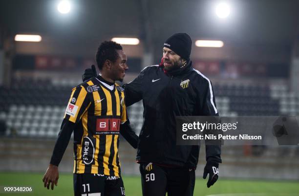 Nasiru Mohammed of BK Hacken and Andreas Alm, head coach of BK Hacken celebrates after the victory during the pre-season friendly match between BK...