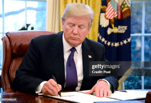 President Donald Trump signs a Section 201 action as US Trade Representative Robert Lighthizer witnesses, in the Oval Office, at the White House,...