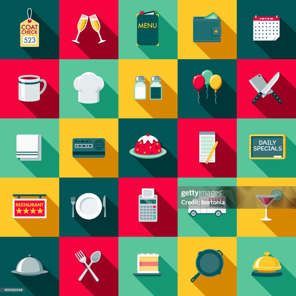 Flat Design Restaurant Icon Set with Side Shadow