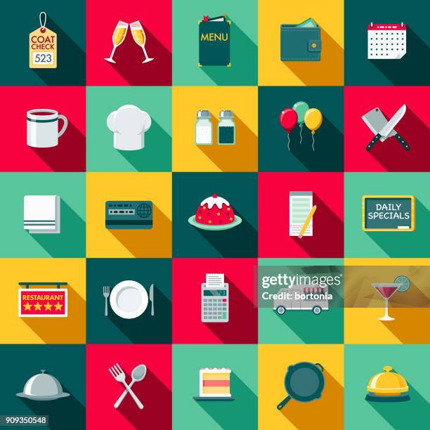 flat design restaurant icon set with side shadow - food and drink production stock illustrations