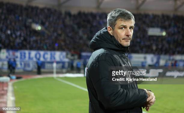 Headcoach Jens Haertel of Magdeburg during the 3.Liga match between FC Rot Weiss Erfurt and 1.FC Magdeburg at Arena Erfurt on January 22, 2018 in...