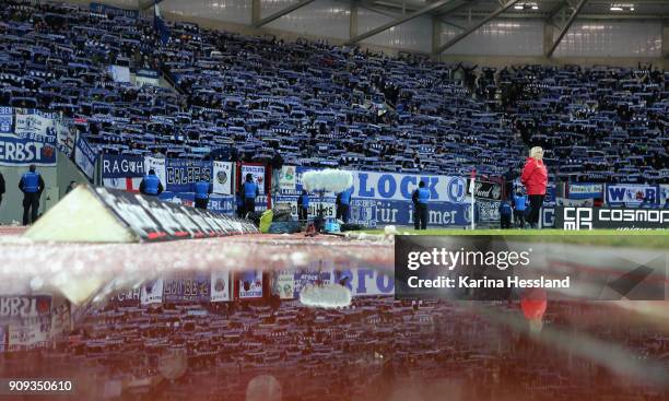 View to the Fans of Magdeburg during the 3.Liga match between FC Rot Weiss Erfurt and 1.FC Magdeburg at Arena Erfurt on January 22, 2018 in Erfurt,...