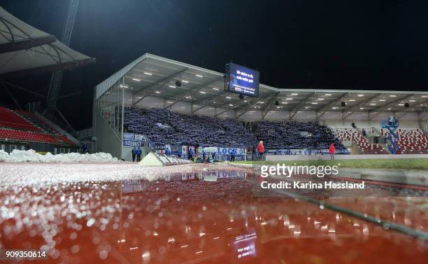 View to the Fans of Magdeburg during the 3.Liga match between FC Rot Weiss Erfurt and 1.FC Magdeburg at Arena Erfurt on January 22, 2018 in Erfurt,...