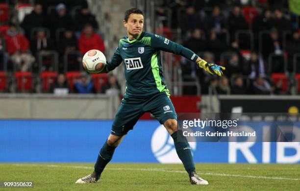 Goalkeeper Jan Glinker of Magdeburg during the 3.Liga match between FC Rot Weiss Erfurt and 1.FC Magdeburg at Arena Erfurt on January 22, 2018 in...